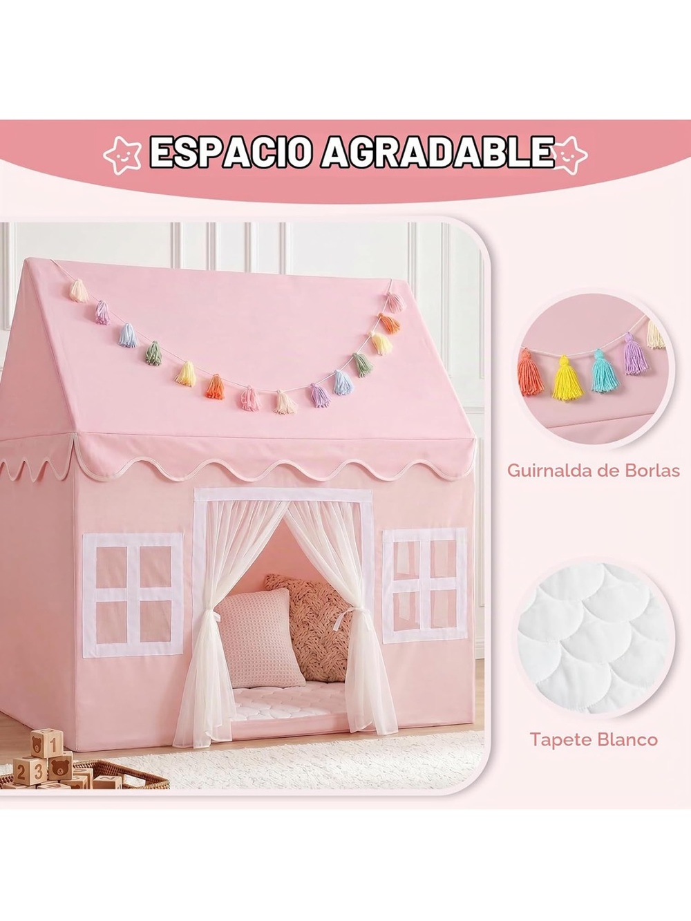Kids Play Tent House with Pink Fabric and Tassel Garland